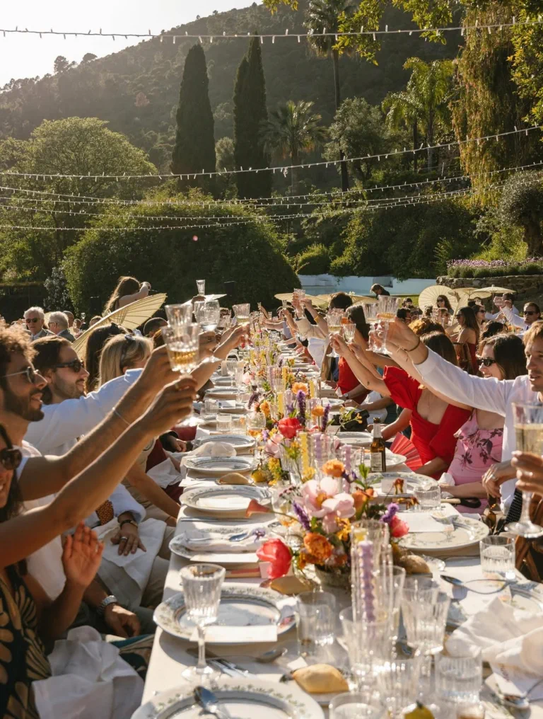 Guests raise their glasses along the banquet table