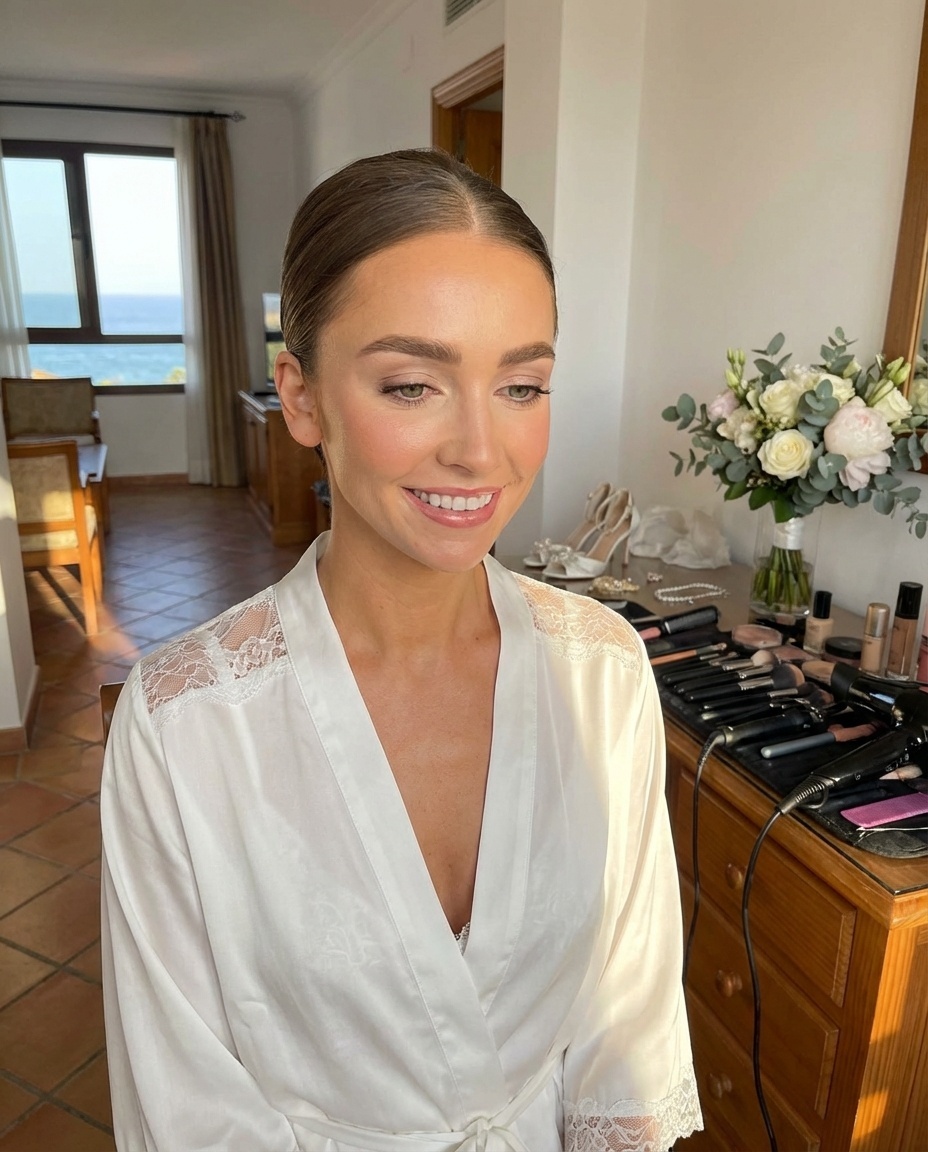 Maquillaje nupcial natural y luminoso con rubor melocotón y labios rosados en Marbella - Maquillaje de boda y estilismo profesional - Verónica López Wallis
